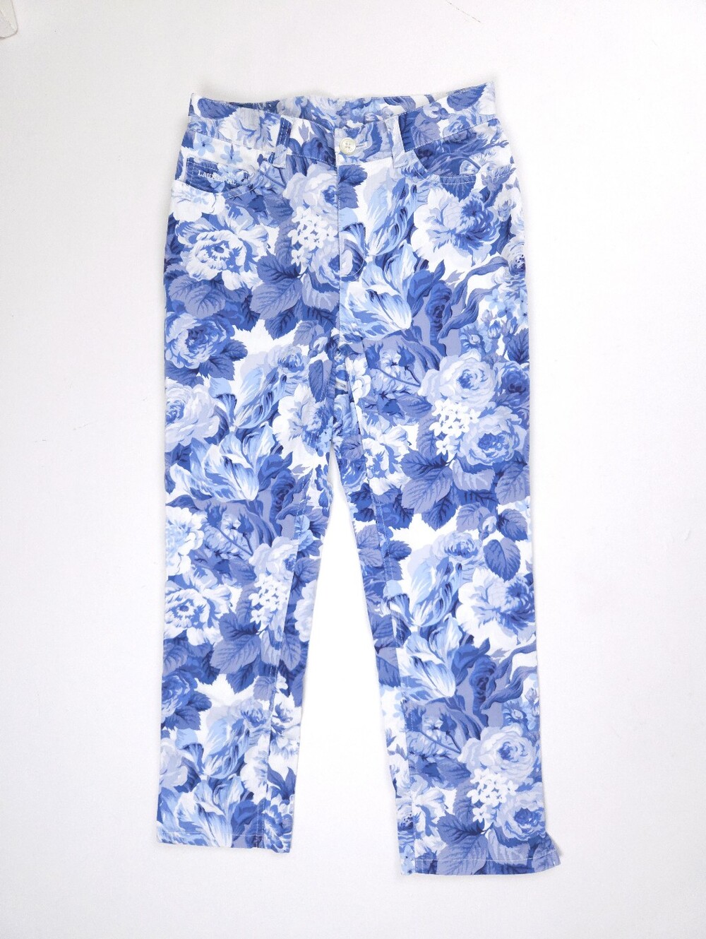 Lauren Ralph Lauren Blue White French Roses Cropped Floral Pants Size 2 Petite